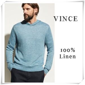 VINCE Regular Fit 100% Linen Melange Popover Hoodie Sweater in Blue Size M